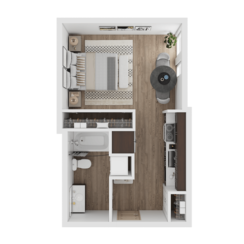 a stylized floor plan of a small apartment